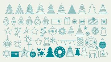 Big set of minimalistic geometric Christmas elements linear style. Abstract Xmas decoration. vintage elements in linear. Christmas trees, balls, gifts, snowflakes, stars. Line is easy to edit vector