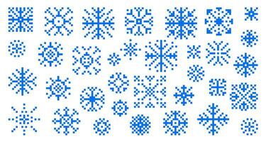 Big collection of snowflakes, snow icon in pixel art. Set of retro. Pixel snowflakes with tracery. Decoration ice floes with geometric patterns. Symbol of Christmas holiday and 8bit game. vector