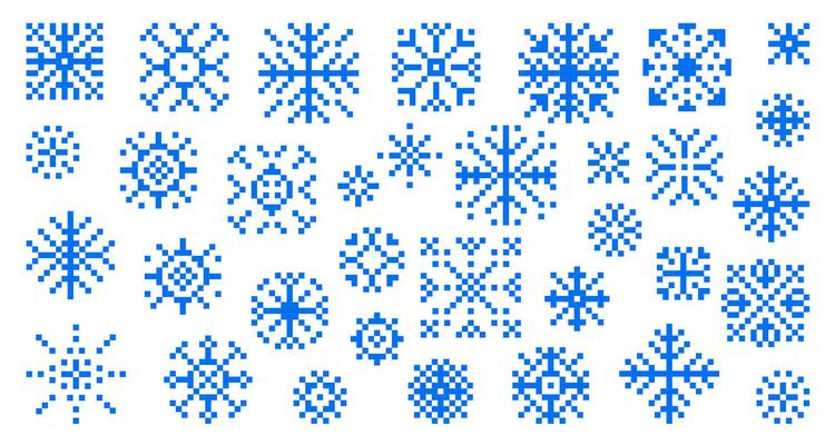 Big collection of snowflakes, snow icon in pixel art. Set of retro. Pixel snowflakes with tracery. Decoration ice floes with geometric patterns. Symbol of Christmas holiday and 8bit game.