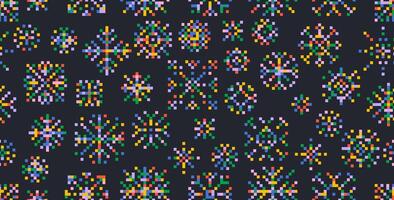 Seamless pattern colorful snowflakes or snow icon in pixel art. Christmas winter pattern colored snowflake print. Retro seamless pattern Christmas illustration. illustration. vector