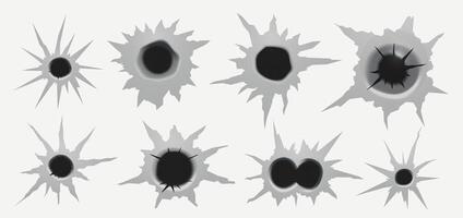 Set of bullet holes. Exploding bullet holes. Round damage with cracks from punching and exploding shells as symbol of danger and aggressive war. Torn holes illustration. vector