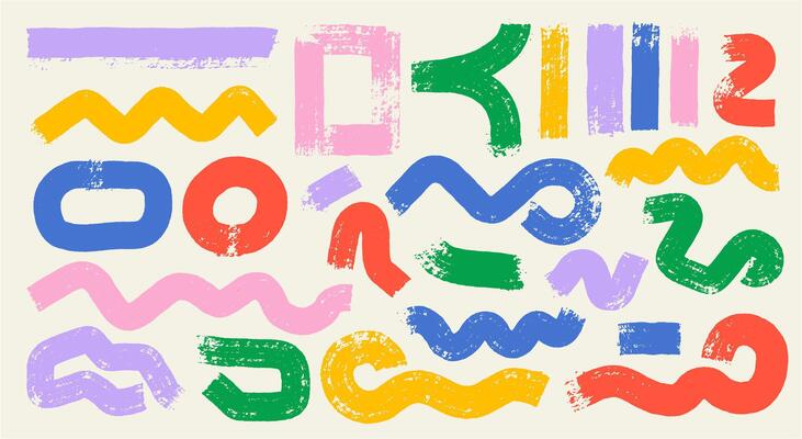 Set of colored grunge brushes with jagged edges painted on canvas. Brush strokes color are straight, wavy, zigzag, curved, circle, square. frame for text modern art graphics for design.