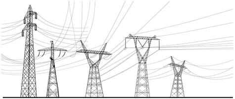 Set of black high voltage transmission systems. Electric pole, power lines, energy pylons collection. Silhouette set. A network of interconnected electrical. design illustration. vector