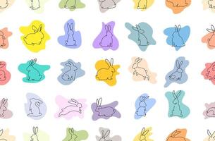 Seamless with running, jumping rabbits pattern colored colors. Endless pattern with rabbits. Seamless pattern for holidays, poster, background, gift wrapping. Rabbit is drawn in one line vector