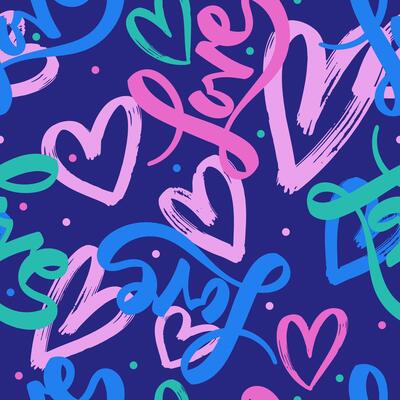 Seamless pattern abstract chaotic inscription love with hearts. Painted with a dry brush monochrome background. Grunge wallpaper for girls, valentine's day holiday, gift paper. texture pattern.