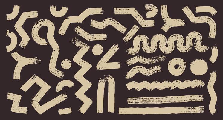 Art kids bold doodle brush strokes, squiggly lines, swirls with loops. light line marker drawn thick curly. Geometric banner with colorful elements in art style. figures for collages.