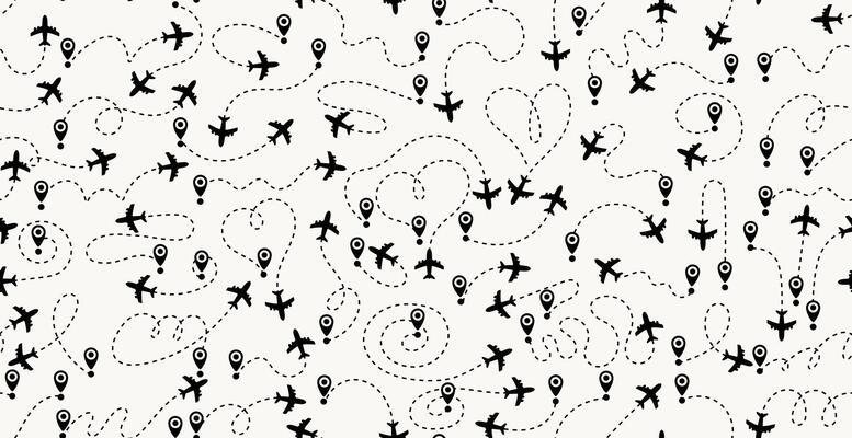 Seamless pattern airplane routes in dotted line. Aircraft tracking, planes, travel, map pins, location pins illustration. Seamless pattern aircraft tracking. Departure point, landing point.