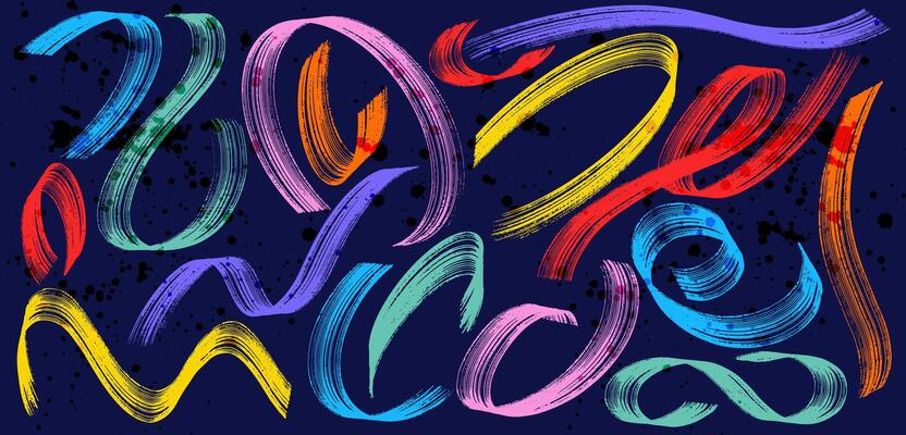 Set of colorful brush strokes with detailed texture on blue. Colored abstract paint brush stroke, drawing a frame background. Grunge background old vintage brush stroke scratches. Paint brush stroke