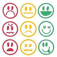 Set of faces, mood red, yellow, green. Sad, indifferent and happy. Good, regular and bad. Rating, self-assessment. Individual performance. Service quality. Hand drawn grunge illustration. vector