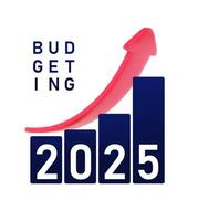 Budgeting 2025 logo. Design bar chart with red exponential up 3d arrow and 2025 number. Template New year successful strategy icon, fast business growth concept. illustration Price rise. vector