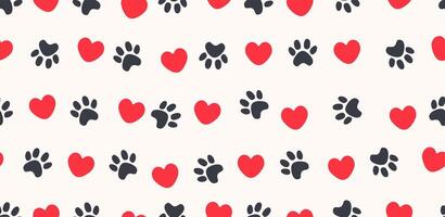 Seamless cute paw toe and heart pattern background for fabric print. Seamless pattern with hearts and dog footprint. Dog Paw heart valentine footprint. vector
