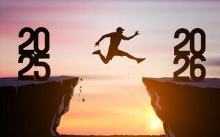 Welcome Merry Christmas and Happy New Year in 2026, silhouette man jumping from 2025 cliff to 2026 cliff with cloudy sky and sunlight. vector
