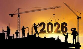 Concept New Year 2026 for marketing, construction plans. Future planning and goals. Silhouette of a construction crane at a construction site raising the number 2026 year. Developer. Realistic . vector