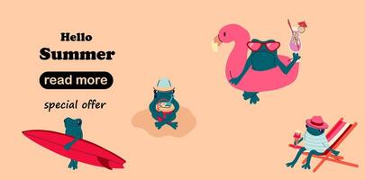 Web page design template. A set of four cartoon frogs in different beach poses, enjoying summer activities vector
