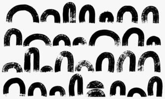 Set of bold brush drawn wavy lines, arc, semicircle, rainbow. Abstract geometric hand drawn doodle grunge style elements. Primitive geometric forms for design. Thick art arched lines, grunge elements. vector