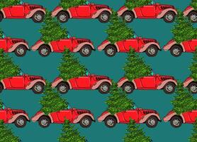 Seamless pattern with red cars and Christmas trees. Merry christmas print for textile and paper. Christmas seamless pattern with red car with Christmas tree background. vector