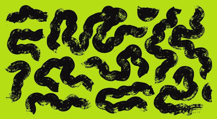 Abstract black lines, circular brush strokes. Chaotic brush strokes hand drawn. Grunge dry brush with round ragged edges. Collection of paint bold brush strokes, thick grunge lines shapes.