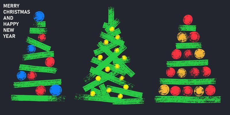 Set of Christmas tree painted with a dry brush for flyer, banner or social media, greeting card, poster. Happy New Year and Merry Christmas. abstract Christmas tree from stripes and circles .