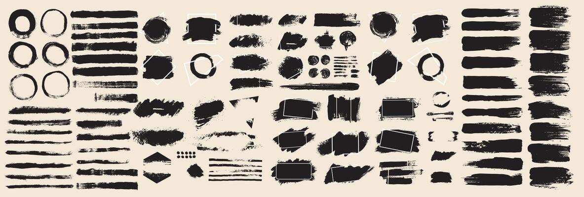 Big set of paint dot brush stroke, ink splatter, text frames, grunge line, artistic design elements. Social media, business banner art. Dirty overlay, watercolor splash, silhouette, torn paper.