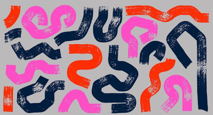 Set of trend brush strokes . Paintbrush orange, pink, black collection. Hand draw brush texture banners. Grunge design elements. Painted round, circle, long and diagonal strokes.