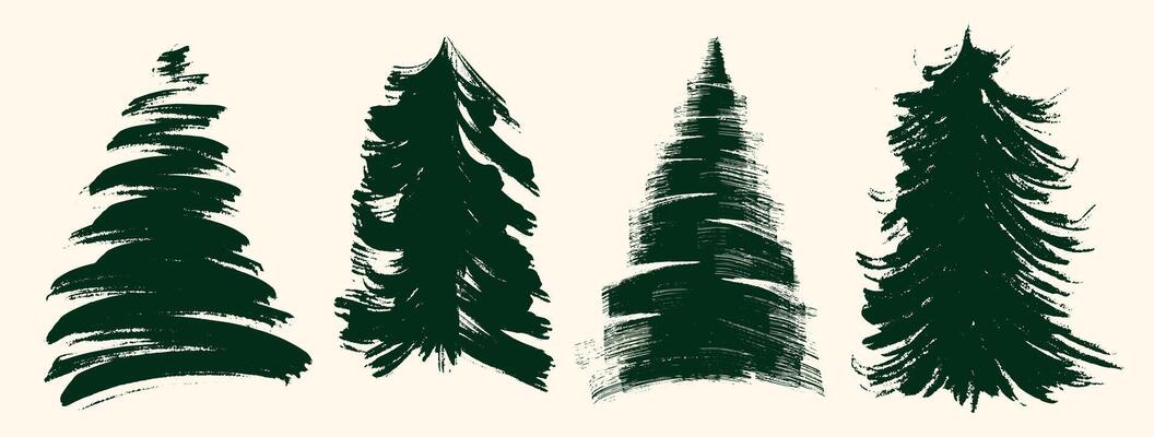 Set of grunge brush drawing of Christmas tree. Hand drawn Christmas tree Ink abstract line. Green beautiful doodle spruce, ink paint. illustration isolated on a white background.
