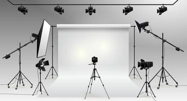 Photography studio . Photographic devices. Photo studio white blank background with soft box light, camera, tripod and backdrop. illustration. Isolated on white background. vector