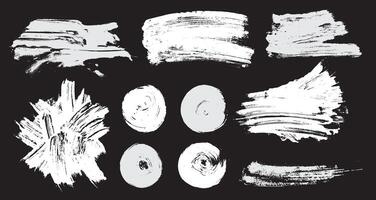 collection of ink white brush strokes. Template dirty textures of banners, boxes, frames and design elements. Grunge brushes, ink set. Painted grunge white objects isolated on black background. vector