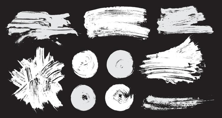 collection of ink white brush strokes. Template dirty textures of banners, boxes, frames and design elements. Grunge brushes, ink set. Painted grunge white objects isolated on black background.