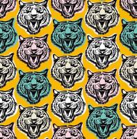 seamless pattern with face tigers on the yellow background. Circus animal show. Endless pattern Angry Tiger Face. paint, ink brush strokes. Fashionable fabric design. vector