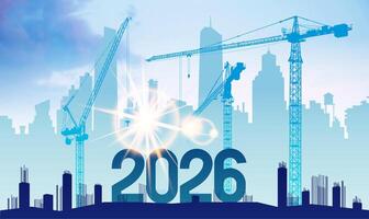 2026 New Year background design. Construction numbers for New Year 2026. Silhouette of construction to welcome the new year. Large numbers in with blue shades for New Year 2026. vector