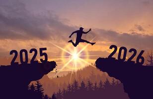 Silhouette man jump between 2025 and 2026 years with sunset background. Success new year concept. illustration 2026 years while celebrating new year, happy victory and success concept. vector