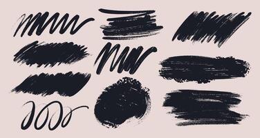 Ink brush strokes set. Grunge brush, ink. Black dirty textures of banners, boxes, frames, design elements. Painted objects sketchy bold horizontal lines. Grunge marker highlight underline. vector