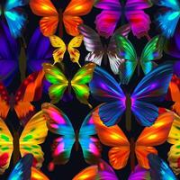 Seamless pattern of colored art butterflies illustration. Neon butterflies. Seamless pattern of colored butterflies. Tropical insects isolated on black background. vector