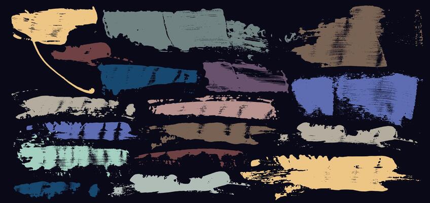 Set of grainy colored brush stroke, spray texture. Hand drawn distress damaged edge banner with bold line. Collection of template grainy bold ink brush strokes texture with scattered tiny dots.