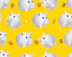 Seamless pattern pink piggy banks on a yellow background. White 3d pig. concept of saving money, savings, pattern. Investments and saving money backdrop, finance decor, endless print. vector