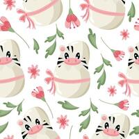 seamless pattern with a zebra icon sitting in a white egg with a bow and pink flowers, design for Easter decorations vector