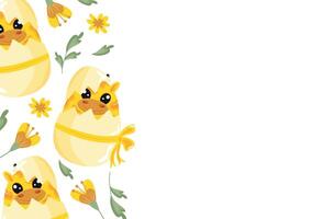 poster template with icons of a yellow chicken sitting in a yellow egg with a bow and colorful flowers, design for Easter decoration vector
