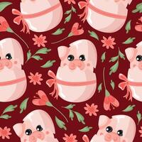 seamless pattern with an icon of a pink pig sitting in a pink egg with a bow and colorful flowers on a pink background, design for Easter decorations vector