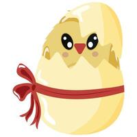icon of a yellow chicken sitting in a yellow egg with a bow, design for Easter decorations vector