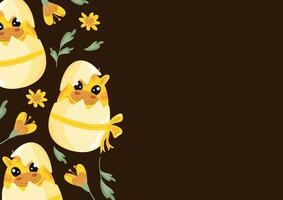 poster template with icons of a yellow giraffe sitting in a yellow egg with a bow with colorful flowers on a brown background, design for Easter decorations vector