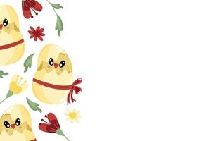poster template with icons of a yellow chicken sitting in a yellow egg with a bow and colorful flowers, design for Easter decorations vector