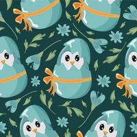 seamless pattern with an icon of a blue penguin sitting in a blue egg with a bow and colorful flowers on a blue background, design for Easter decorations vector