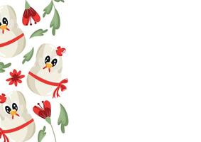 poster with an icon of a white rooster sitting in a white egg with a bow and red flowers, design for Easter decorations vector
