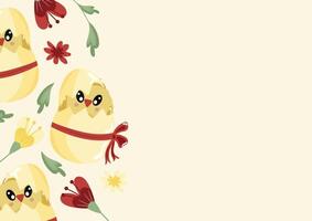 poster template with icons of a yellow chicken sitting in a yellow egg with a bow and colorful flowers on a yellow background, design for Easter decorations vector