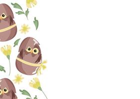 poster template with an icon of a brown owl sitting in a brown egg with a bow and colorful flowers, design for Easter decorations vector