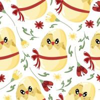 seamless pattern with icons of a yellow chicken sitting in a yellow egg with a bow and colorful flowers, design for Easter decorations vector