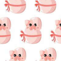 seamless pattern with an icon of a pink pig sitting in a pink egg with a bow, design for Easter decorations vector