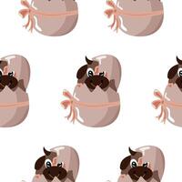 seamless pattern with icon of brown bull sitting in brown egg with bow, design for Easter decorations vector