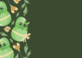 poster with an icon of a green dragon sitting in a green egg with a bow and yellow flowers on a green background, design for Easter decorations vector
