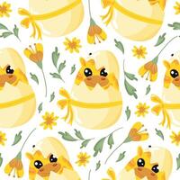 seamless pattern with icons of a yellow giraffe sitting in a yellow egg with a bow of colorful flowers, design for Easter decorations vector